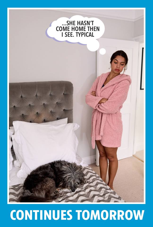 Woman in pink robe waiting by bed with dog, thinking "She hasn't come home then I see. Typical".  Continues tomorrow.