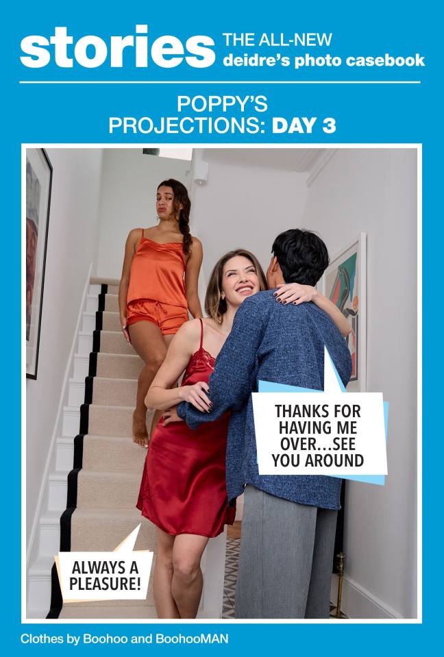 Three women in pajamas; two embrace, one descends stairs.  Poppy's Projections: Day 3.