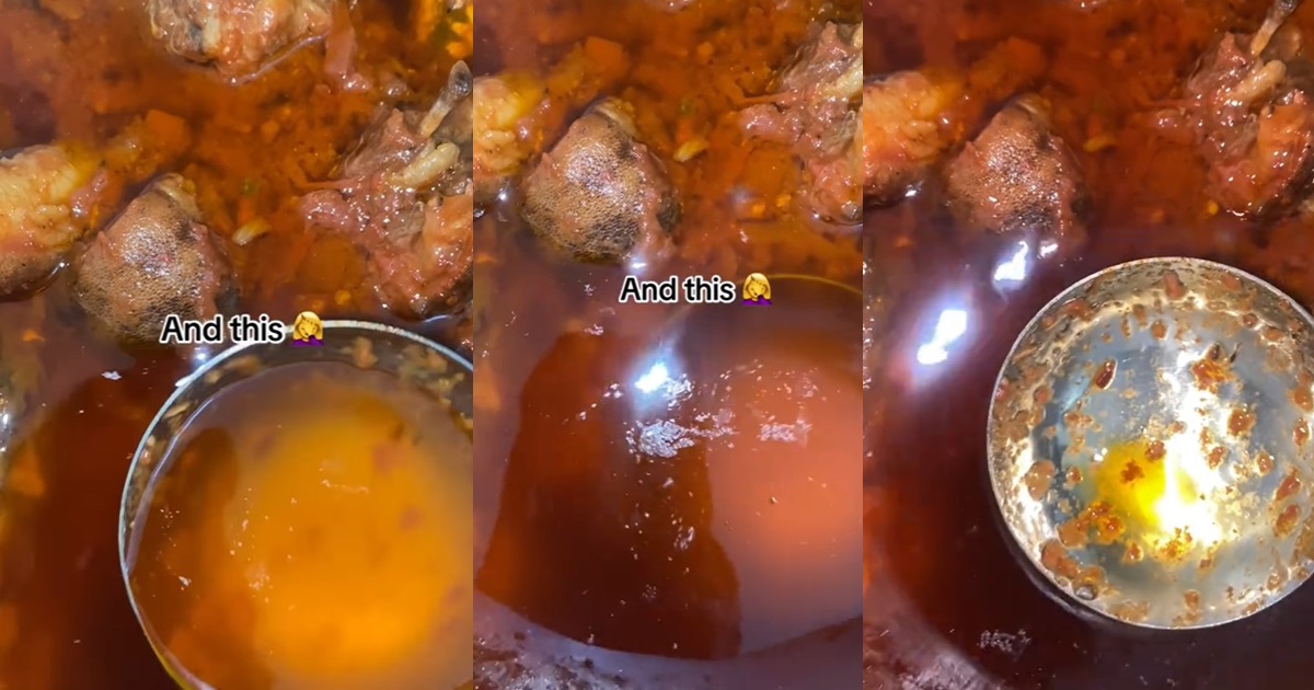 "I gave my husband a chance in the kitchen" – Woman skims excess oil from stew prepared by husband (WATCH)