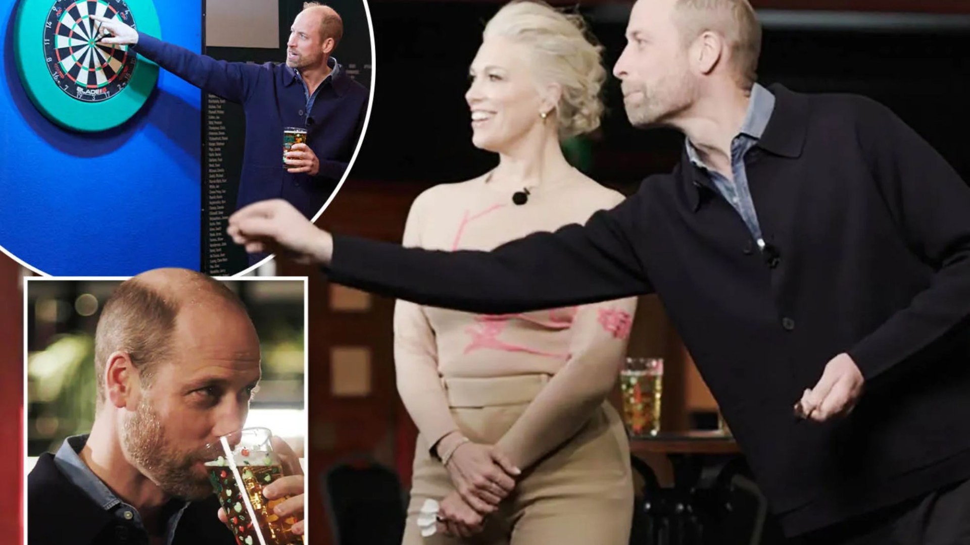 Prince William sips cider and enjoys a game of darts with actress Hannah Waddingham