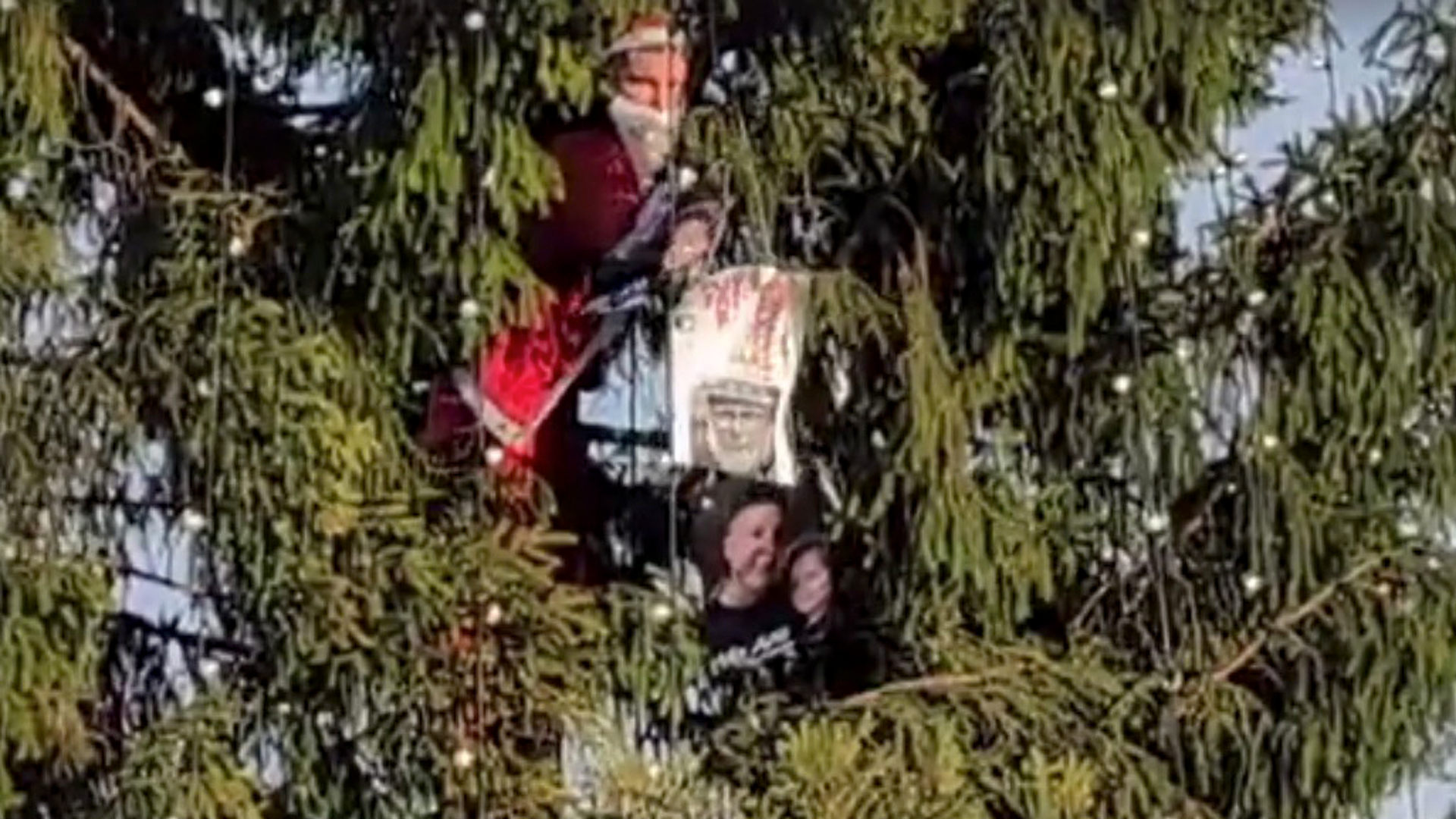 Protester dressed as Santa Claus climbs Christmas tree in Trafalgar Square - with a message for Keir Starmer