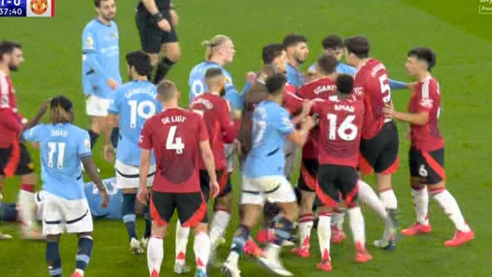 Fuming Harry Maguire confronts Kyle Walker in huge row as Man Utd's clash at Man City descends into chaos