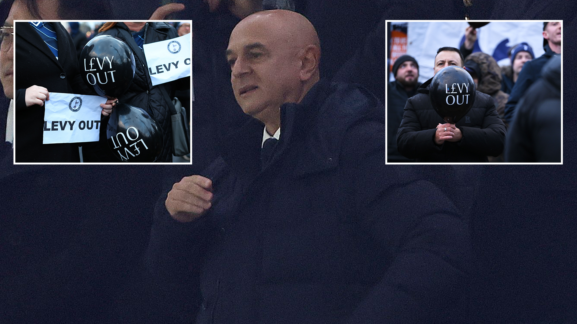 Tottenham fans protest 'Levy out' with black balloons as Spurs chairman akwardly watches on during Liverpool loss