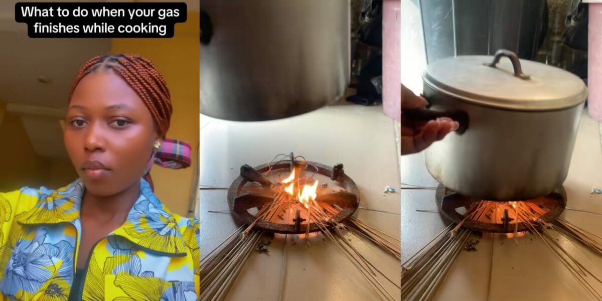 Lady stuns many as she cooks with broomsticks after running out of gas