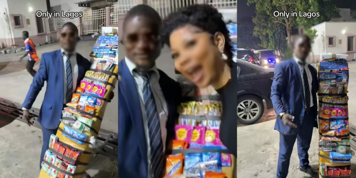 Lady expresses surprise at man selling sweets in suit and tie in Lagos, video shocks many