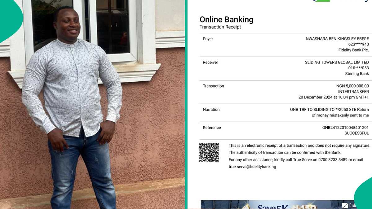 Man Returns N5 Million Mistakenly Sent to His Fidelity Bank Account, Displays Transaction Receipt