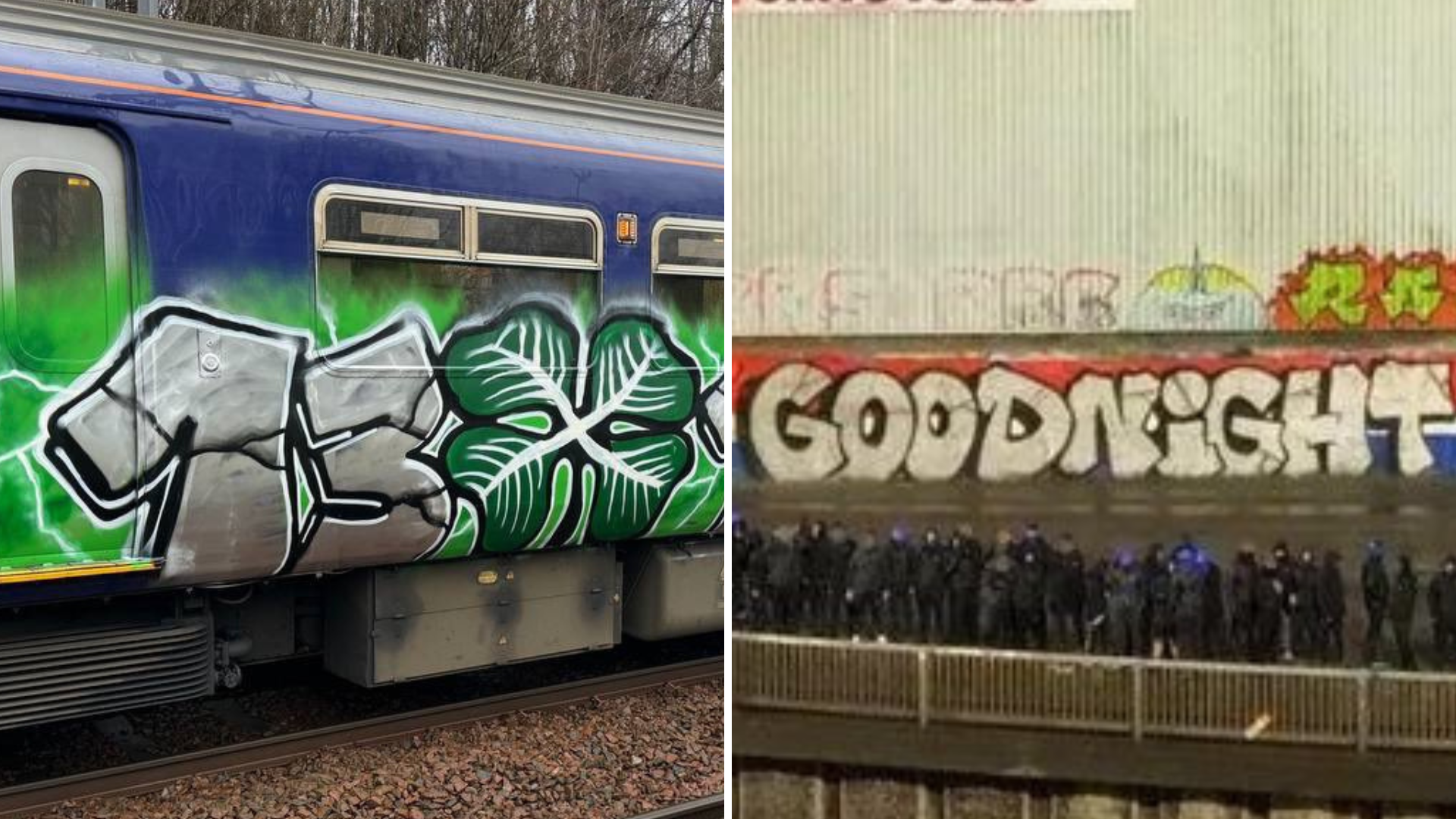 Masked Rangers ultras troll Celtic with huge graffiti display after Green Brigade vandalise train ahead of cup final