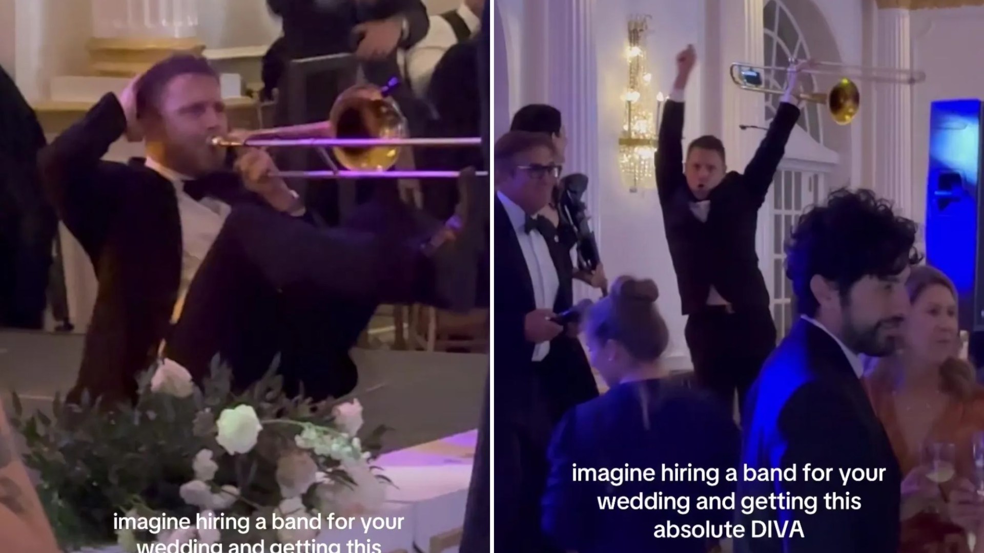 Watch the moment a trombone player steals the spotlight at a wedding with 'diva' dance moves as he's hailed a 'legend'