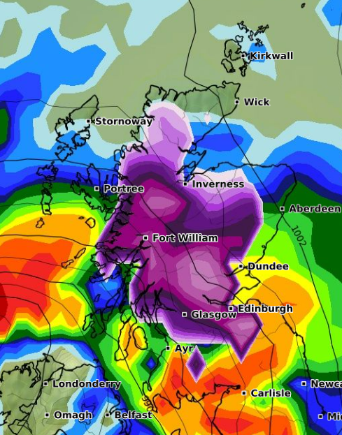 Snaps from WXCharts have now revealed the exact time the storm is set to hit Scotland