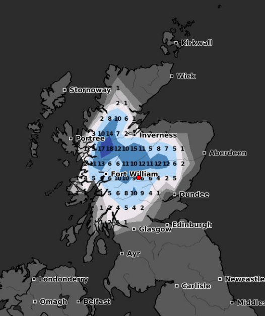 Parts of the Highlands could see up to 20cm of the white stuff