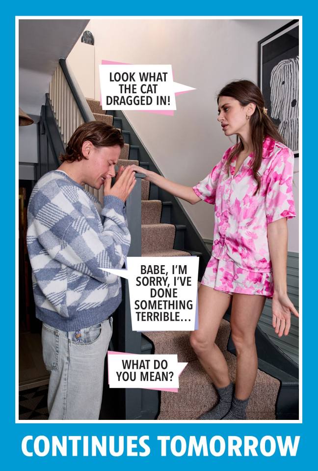 A man and woman on a staircase; speech bubbles indicate a conflict.  "Continues tomorrow."