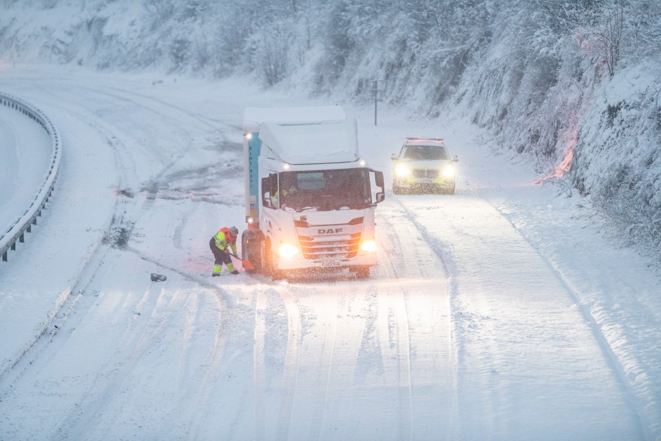 A lorry is pictured in County Durham blocking the A1 Southbound after getting stuck in heavy snow